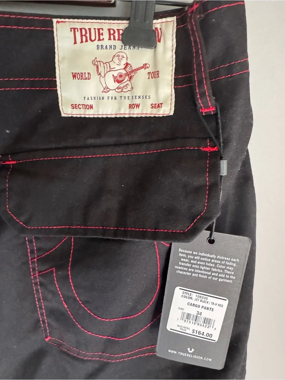 True Religion Style 108335 Black Cargo Pants with Red Stitching Size 34